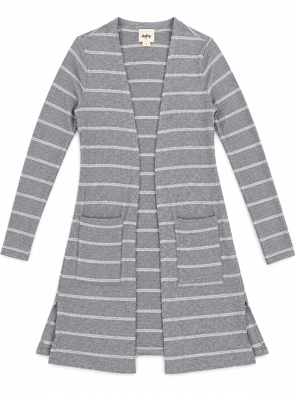 Daytrip Gray and White Striped Open-Front Long Cardigan-Size L
